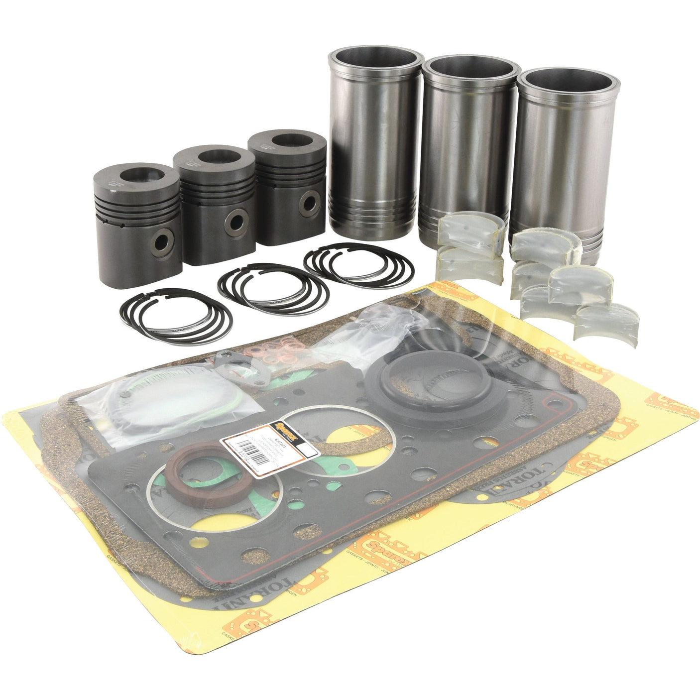 An Engine Overhaul Kit without Valve Train (Finished) - S.110939 from Sparex, featuring pistons, piston rings, cylinder liners, rod bearings, and a complete gasket set with various gaskets and seals, laid out on a flat surface.