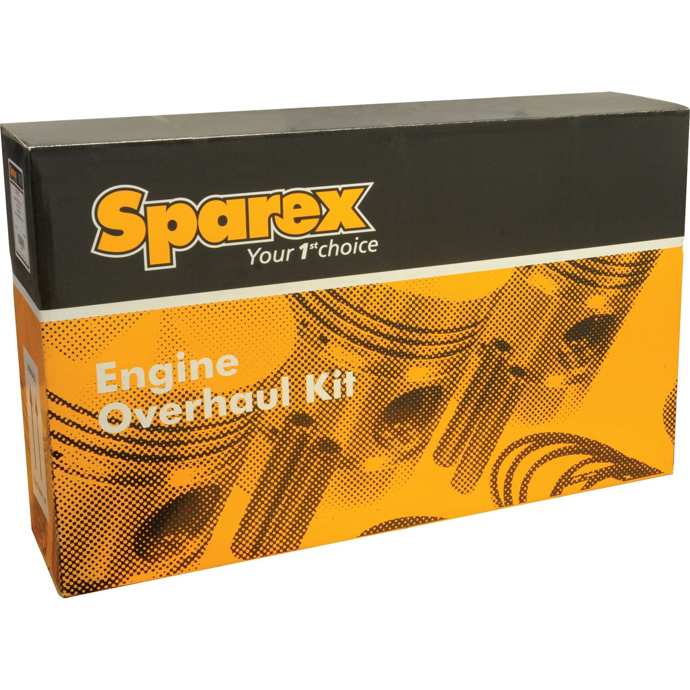 The yellow and black box of the Sparex Engine Overhaul Kit without Valve Train (Finished) - S.110944 proudly displays "Sparex Your 1st choice" and "Engine Overhaul Kit" on the front, ensuring you receive Sparex's renowned quality along with a complete gasket set for your engine needs.