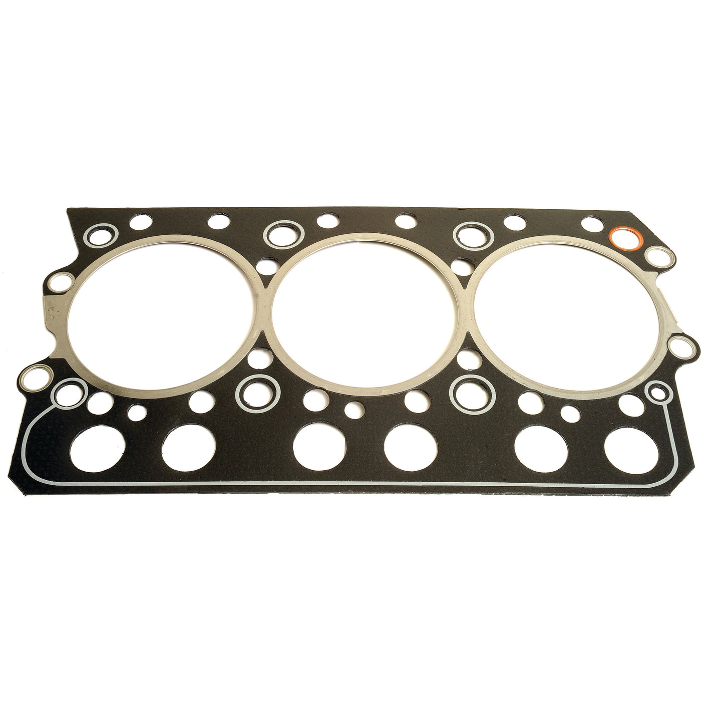 The Sparex Head Gasket - 3 Cyl. & 6 Cyl. (311D, 311DS, 311C, 311CS, 611D) | Sparex Part No.S.110946 for Valmet and Valtra engines features multiple circular openings and small holes for bolts, when viewed from above.