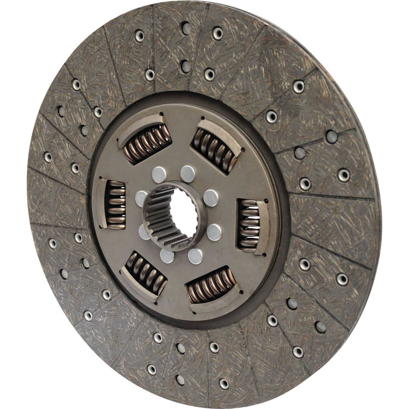 Close-up image of the Sparex Clutch Plate - S.110958, featuring a 295mm circular design with a textured friction surface, visible metallic springs at the center, and a torsion damped mechanism.