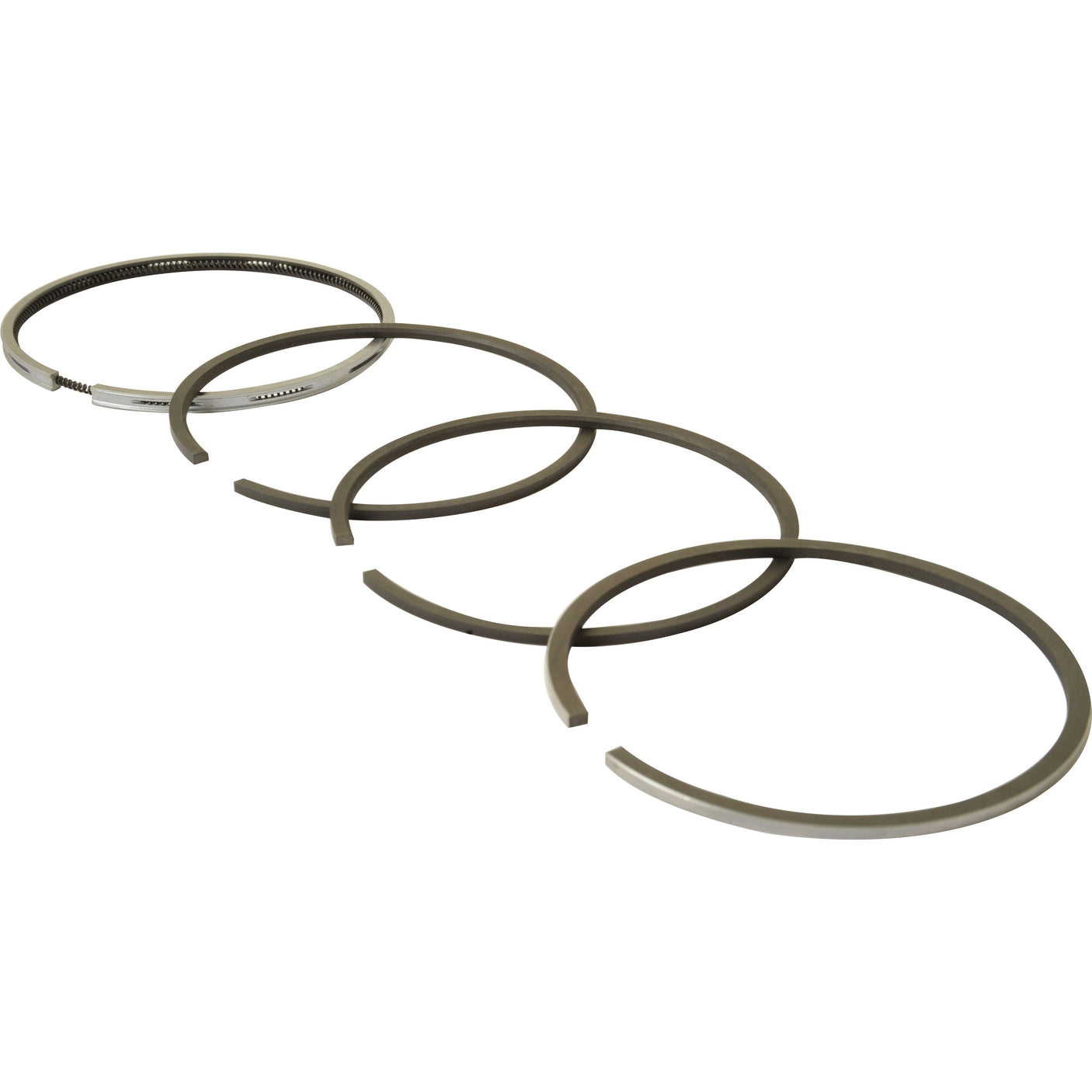 Four Sparex Piston Rings (Sparex Part No. S.110973), including two that appear broken, neatly arranged in a row on a white background. These precision components are essential for engines like those found in Sisu Diesel machinery.