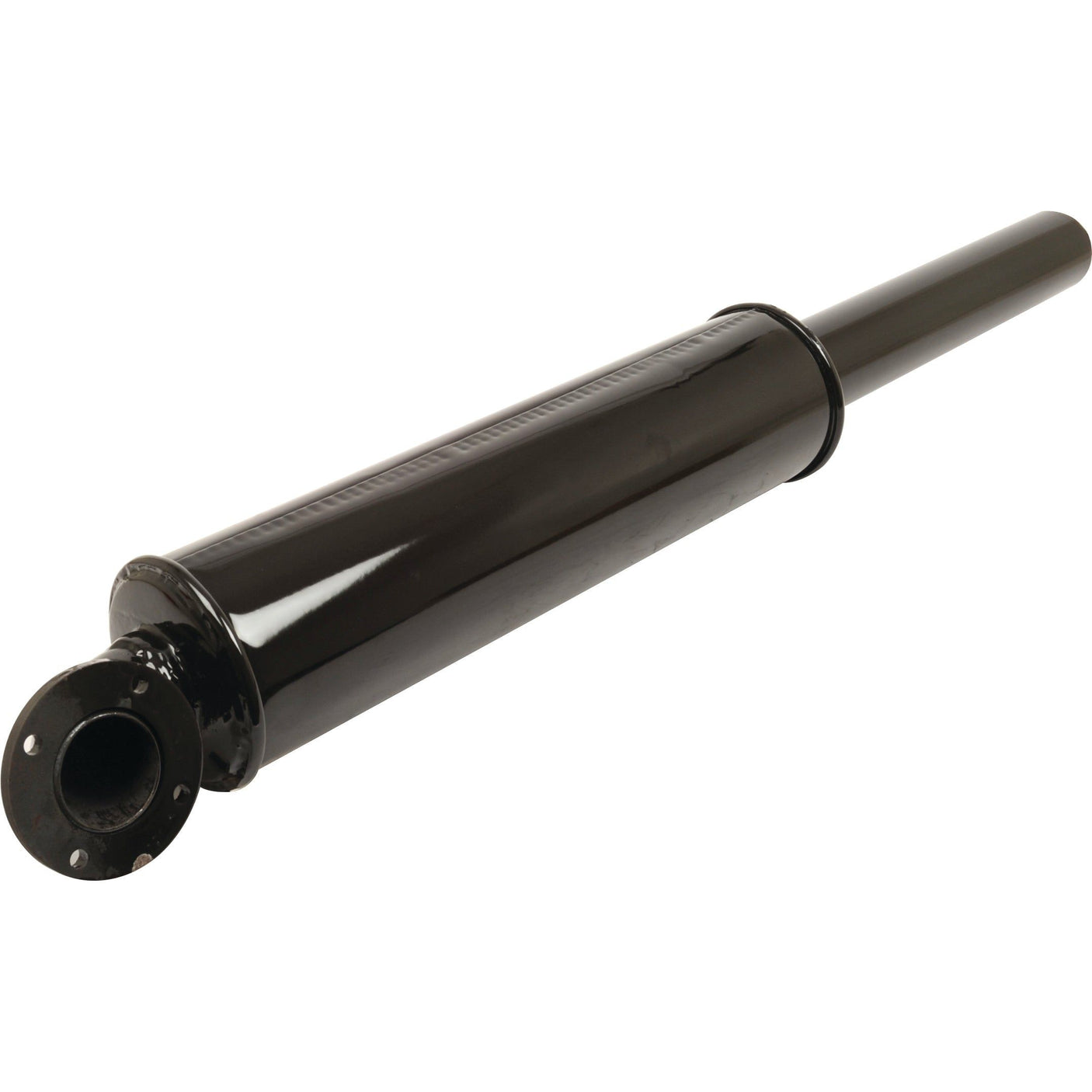 A black cylindrical hydraulic silencer with a flanged end, compatible with Valmet machinery, called the Silencer - S.110977 by Sparex.