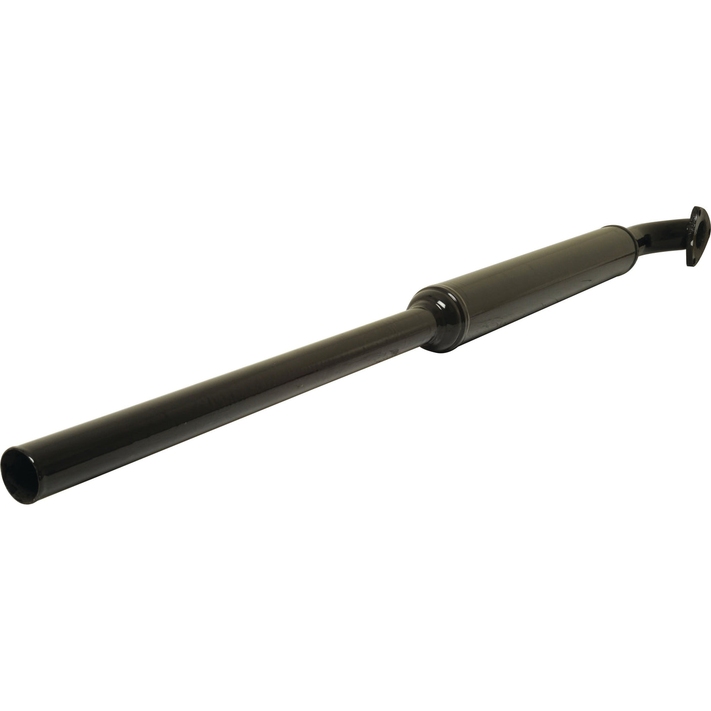 The Silencer - S.110979 by Sparex is a long, black cylindrical silencer with an offset end fitting, specifically designed for Valtra and Valmet machinery.