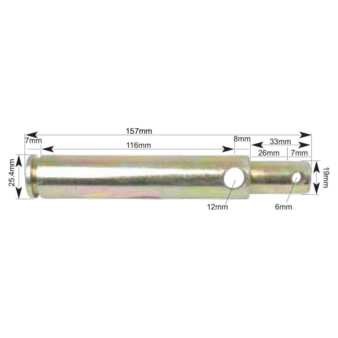 The Sparex Top Link Pin 19x116mm Cat. 1/2 (Sparex Part No. S.110) is a metal cylindrical rod with an overall length of 157mm, diameters of 25.4mm and 19mm, featuring an 8mm pin Ø cross hole located 33mm from the right end, along with a working length hole of 6mm positioned at a distance of 26mm from the same end.