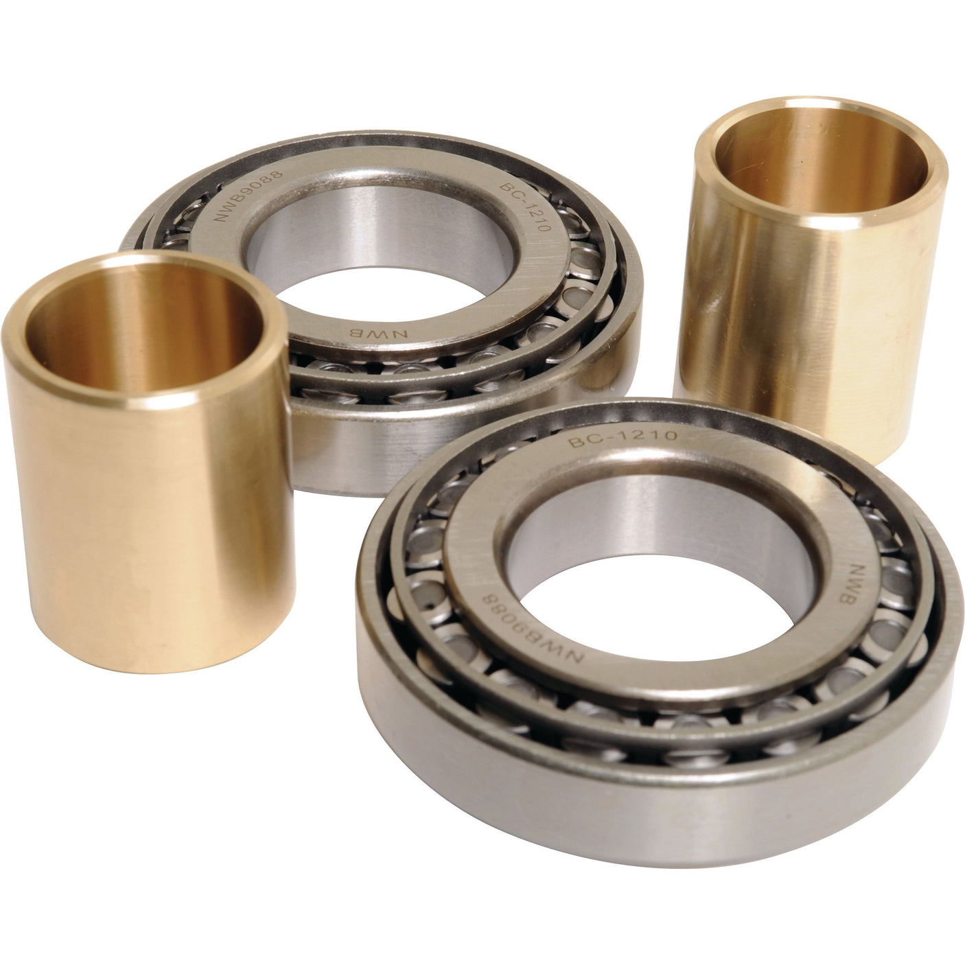 Two S.111020 King Pin Repair Kits by Sparex, featuring cylindrical roller bearings and brass bushings with precise specifications, are meticulously arranged on a white background.