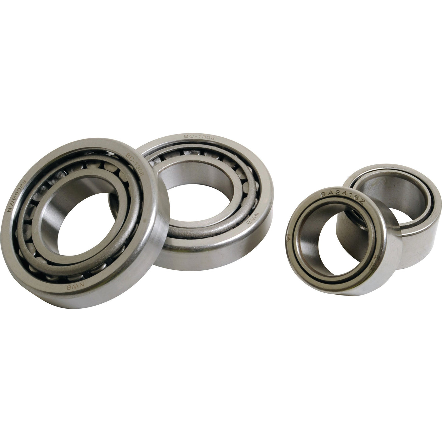 Four cylindrical roller bearings of different sizes are placed on a white background. The two larger bearings, ideal for robust machinery like Valtra or Valmet, are positioned on the left, while the two smaller bearings, compatible with both the King Pin Repair Kit and Sparex Part No.S.111021 from the brand Sparex, are on the right.