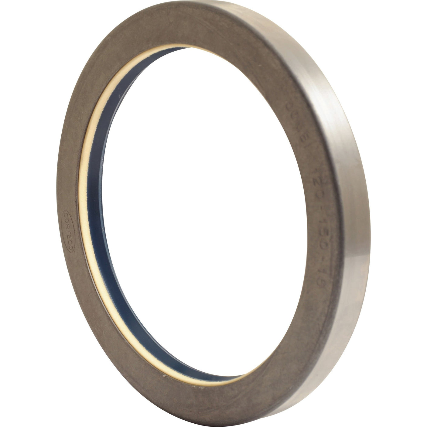 A metal circular ring with an inner rubber seal, crafted as a Metric Rotary Shaft Seal, measuring 120 x 150 x 15mm, available under the product name 'Metric Rotary Shaft Seal, 120 x 150 x 15mm | Sparex Part No.S.111028' by the brand Sparex.