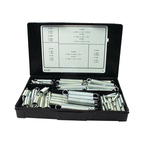 The Sparex Tension Springs Handipak (77 pieces, Sparex Part No. S.11103) is a black plastic case containing assorted metal compression and extension springs, including tension springs with lengths ranging from 35 to 145mm and wire diameters from Ø0.5 to 2mm, with size specifications listed on the lid.