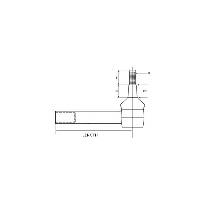 Technical drawing of a threaded stud with labeled measurements for diameter (B), thread size (C), thickness (E), and overall length. Compatible with Deutz-Fahr AGROPRIMA equipment, the Sparex Track Rod, Length: 208mm - S.111040 features a precision-engineered female thread for reliable performance.