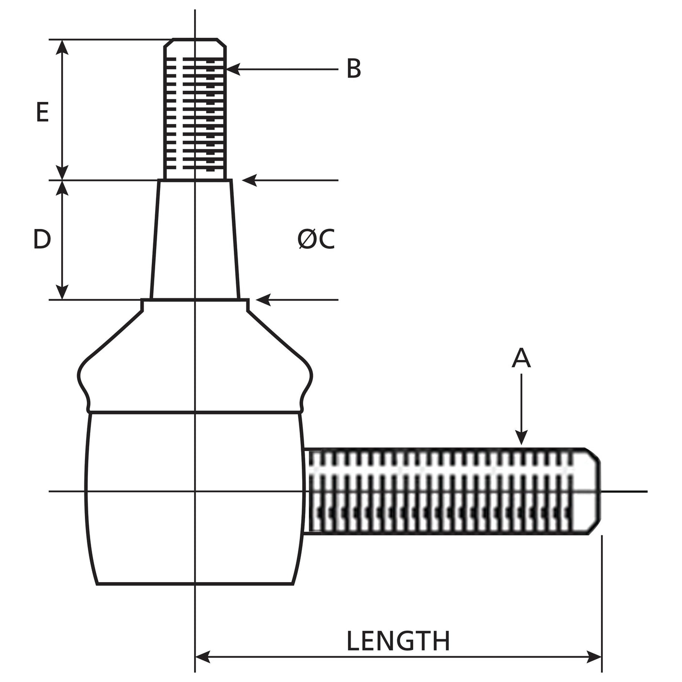 Technical diagram of a Sparex Track Rod (S.111045) with threaded sections labeled A, B, C, D, E and LENGTH indicating measurements. Featuring a male thread - straight design suitable for Valmet & Valtra applications and having an overall length of 100mm.