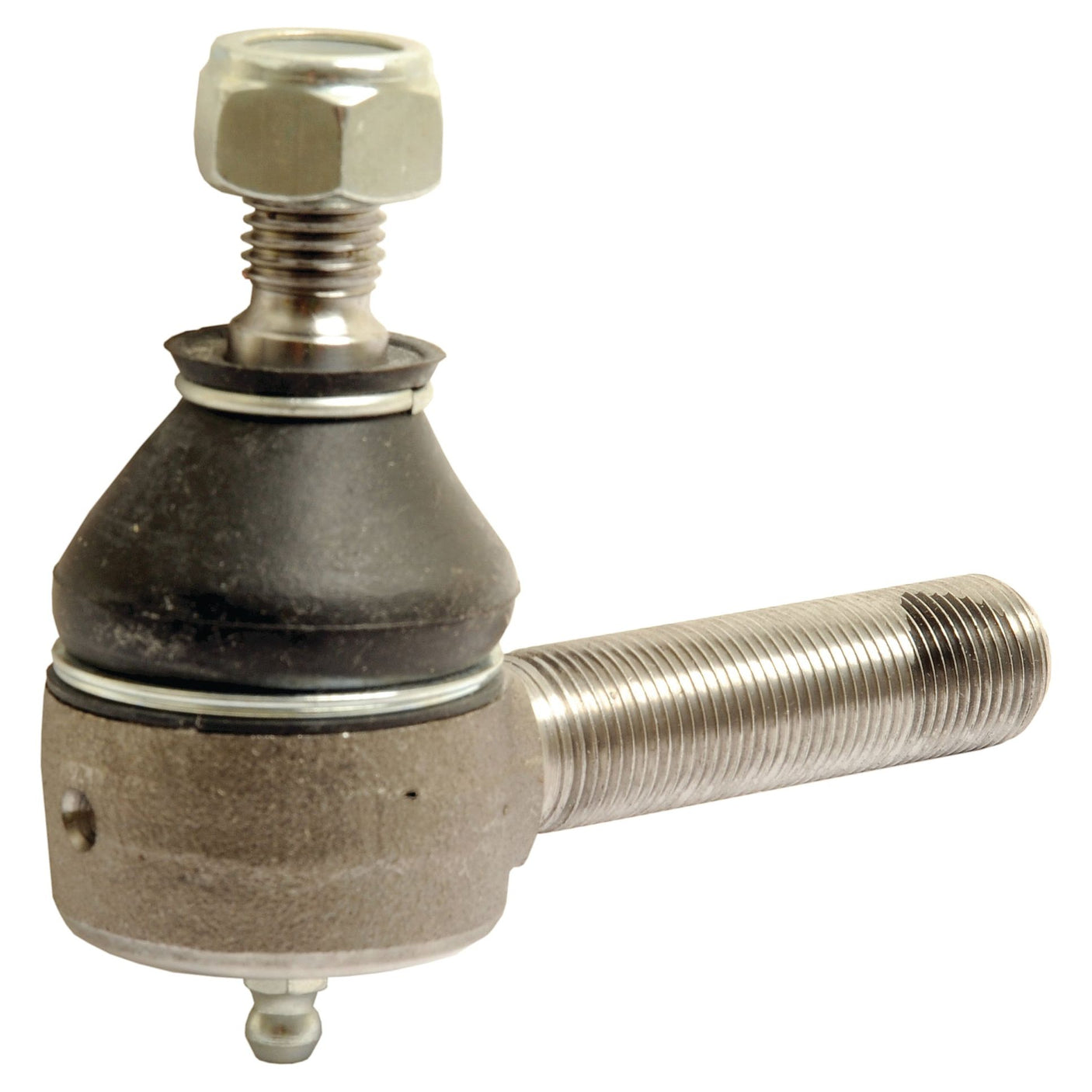 Close-up of a metal and rubber car tie rod end with visible male threads and a hexagonal nut on top, compatible with Valmet & Valtra models. The product is by Sparex and it's known as Track Rod, Length: 83.5mm - S.111046.