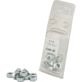 A clear plastic pack containing several silver Metric Hexagon Nut, M8x1.25mm (DIN 934) Metric Coarse, with additional nuts scattered outside the packaging, labeled "Sparex Part No. S.11140.