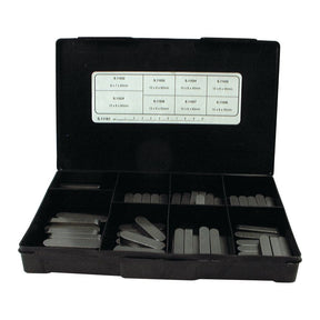 The Sparex Metric Parallel Keys Assortment, 80 pcs. Handipak (Sparex Part No.S.11161), is a black plastic case containing multiple metal rectangular slotted keys, including DIN 6885A Metric Parallel Keys, organized into different compartments with a reference chart attached inside the lid.