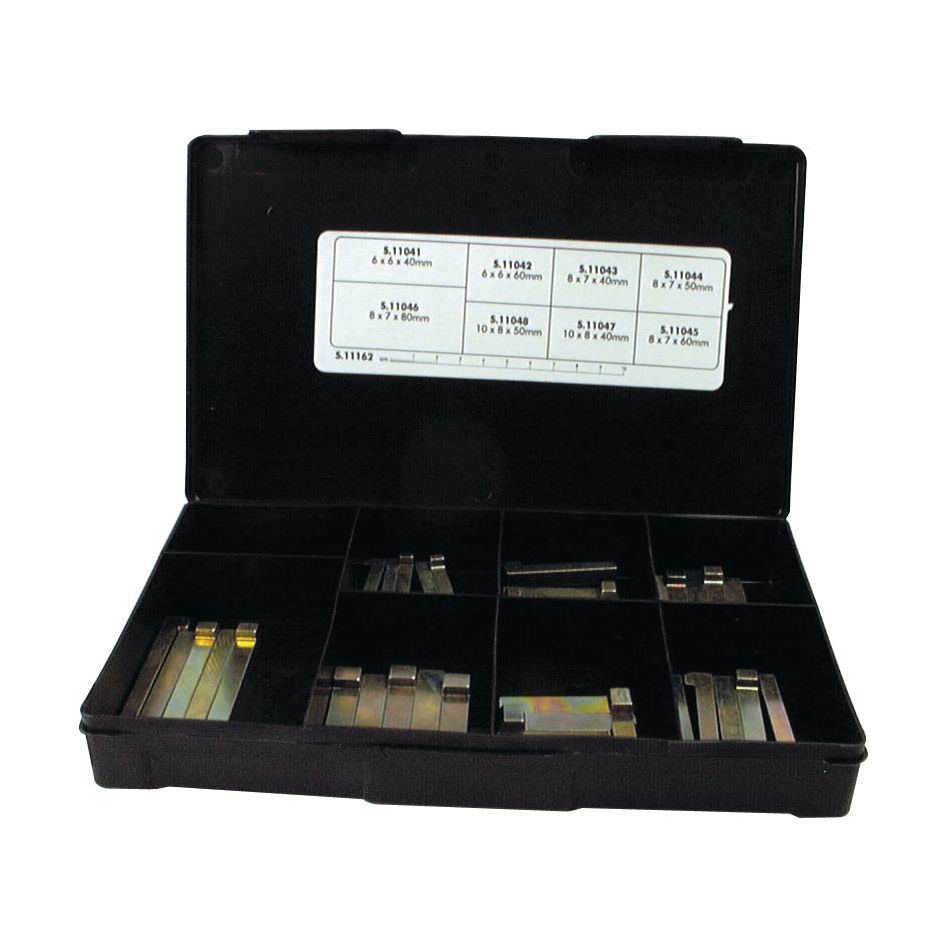 A black case containing an assortment of metal shims, organized into sections with a reference chart on the inside of the lid, is ideal for tasks requiring the Sparex Metric Gib Head Key 6-10 x 6-8 x 40-50mm (Din 6884/6887) - S.11162.