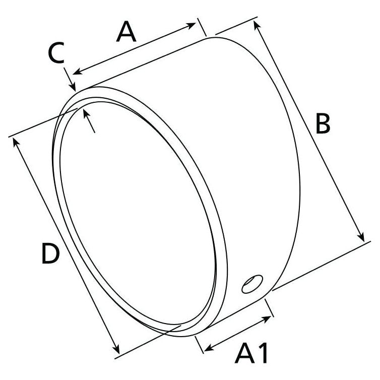 Technical diagram of a cylindrical object labeled with dimensions A, B, C, D, and A1. Dimensions A and A1 indicate length, B indicates height, C indicates inner length, and D indicates depth. This design is compatible with Perkins Engine components for enhanced integration. The product depicted is the Tapered Small End Bush with an ID of 38.12mm (Sparex Part No.S.111790) from the brand Sparex.
