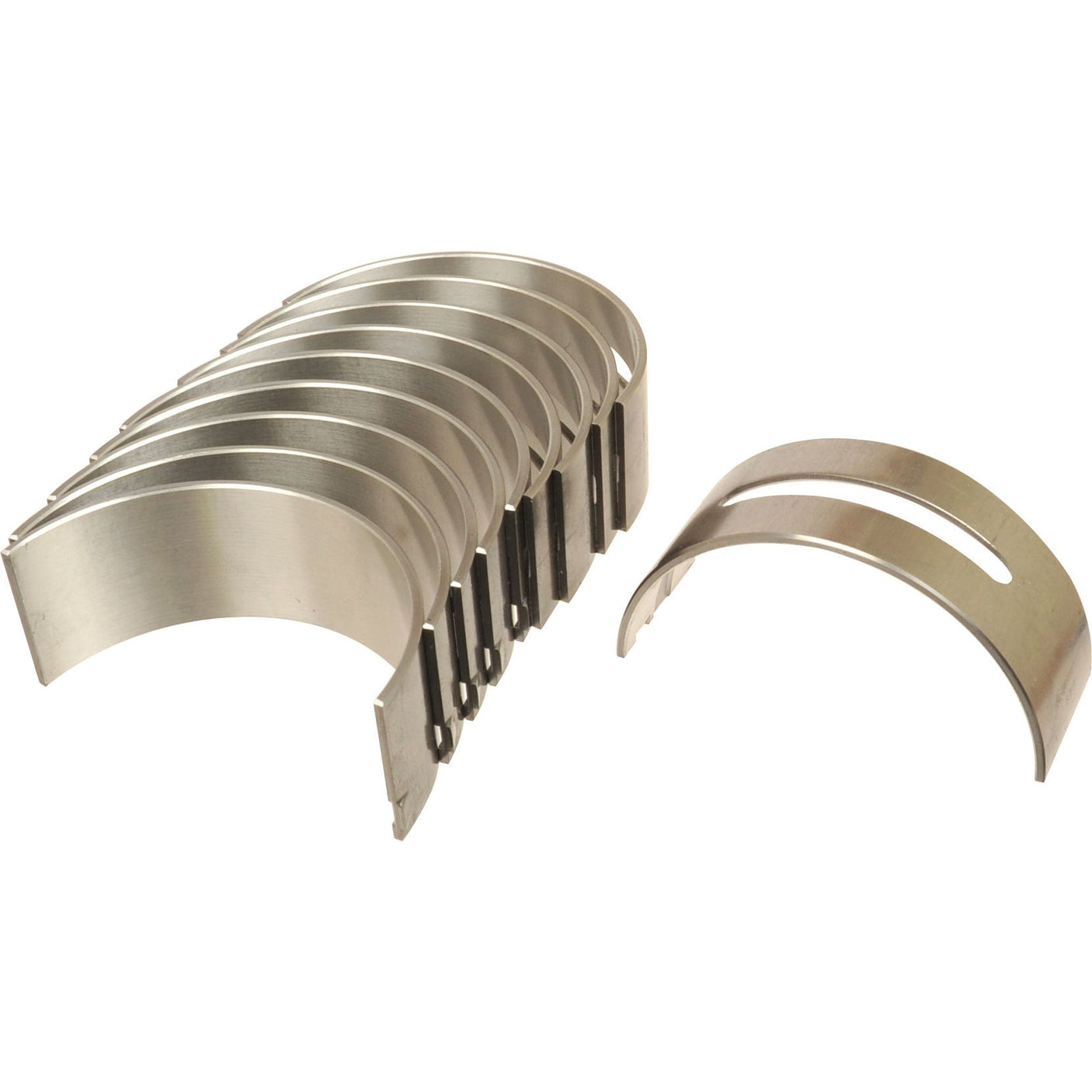 A set of eight metallic curved engine bearing shells, featuring one shell separated from the group, ideal for Sparex Perkins or Massey Ferguson machinery. This product is known as the Main Bearing +0.020'' (0.50mm) (Set), Sparex Part No.S.111797 by Sparex.