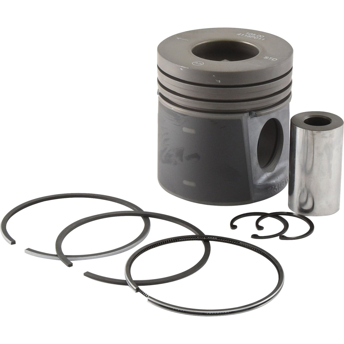 A Sparex Piston & Ring Set (Sparex Part No. S.111799), featuring a metal piston with three piston rings, a piston pin, and two circlips, arranged on a white background, suitable for a Perkins Engine.