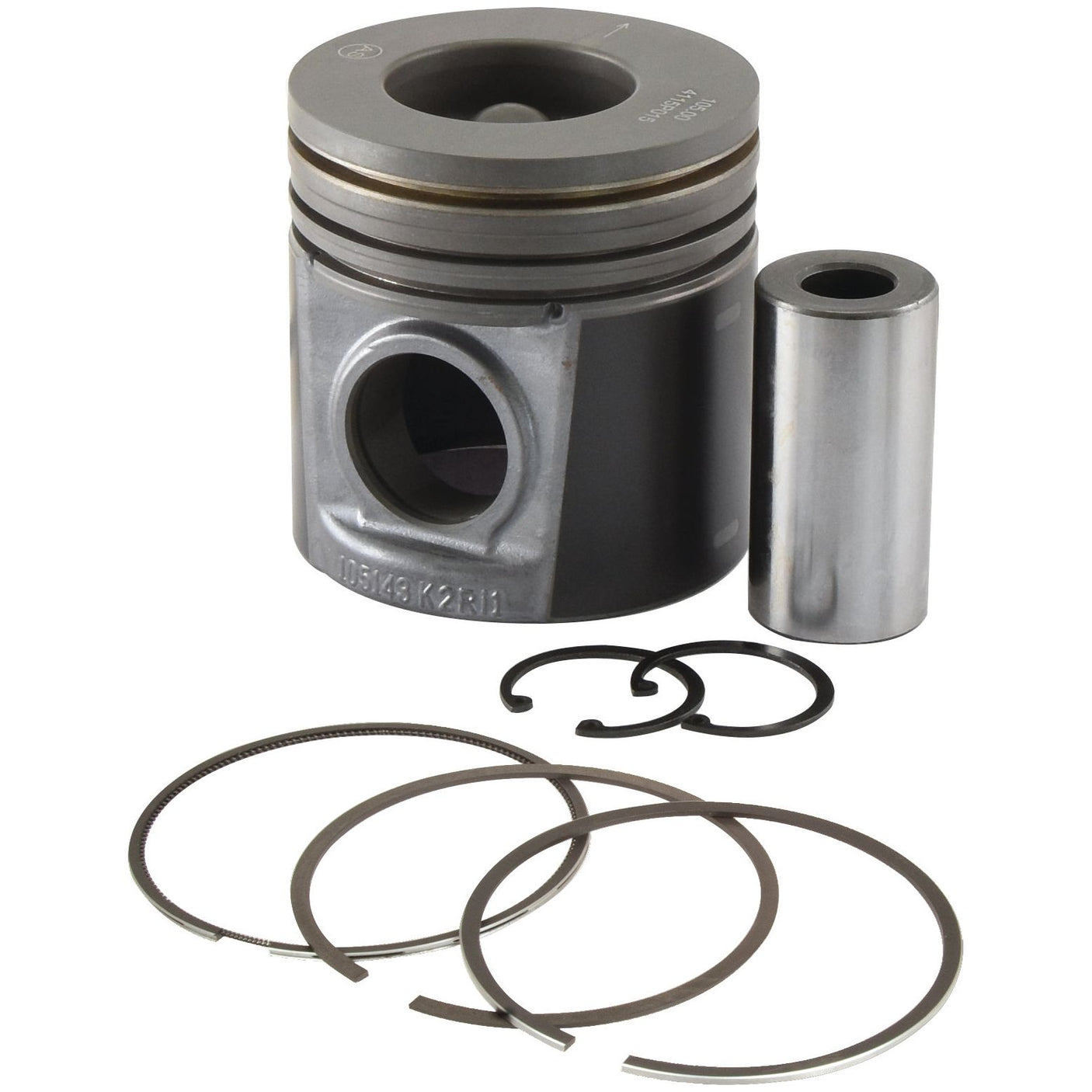 Piston & Ring Set | Sparex Part No. S.111800 assembly kit suitable for Landini and Massey Ferguson, including a piston, wrist pin, circlips, and piston rings, arranged on a white background.