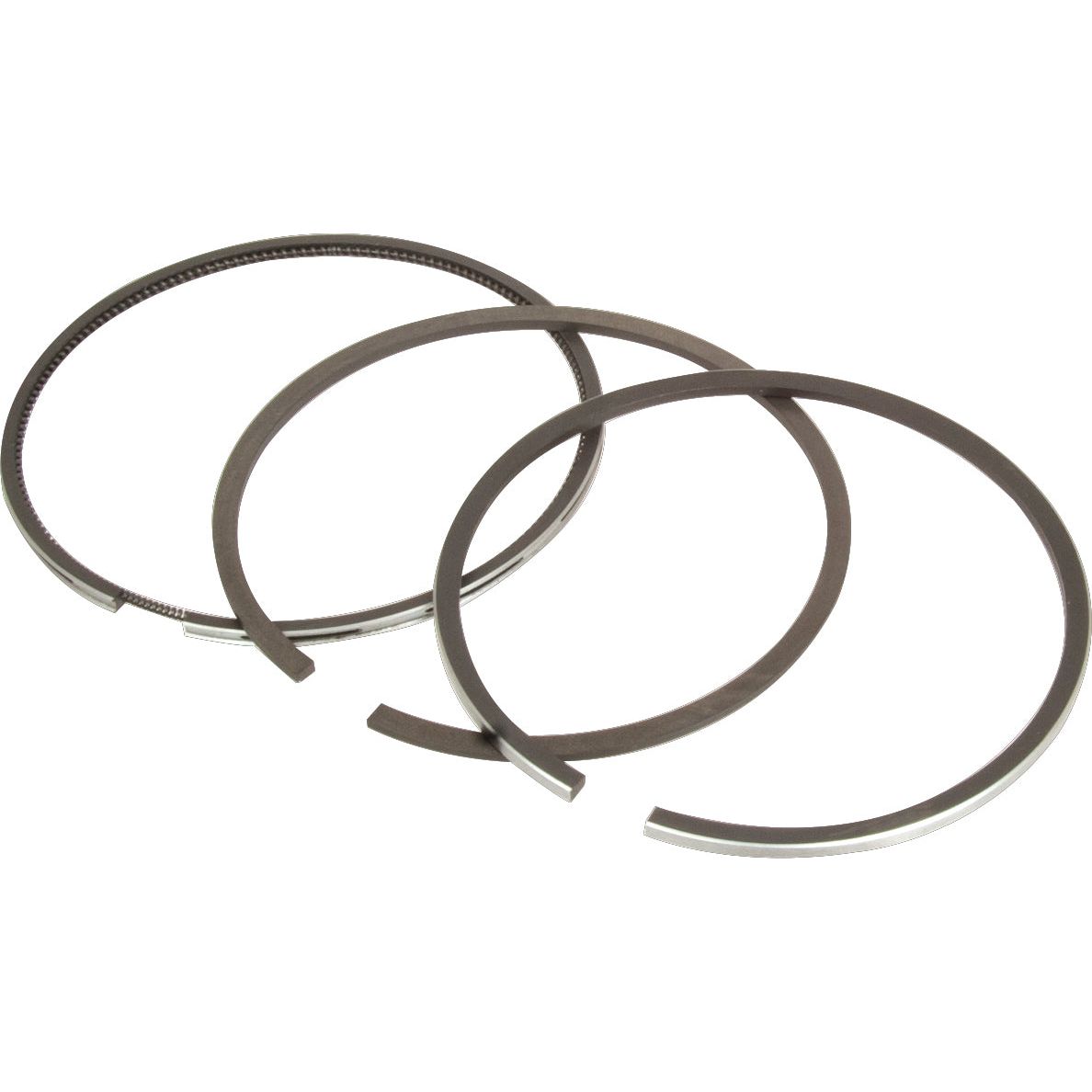 Three metal piston rings arranged in a slight arc, with one ring featuring an indentation pattern around its circumference, compatible with Massey Ferguson engines (Sparex Piston Ring | Part No. S.111803).