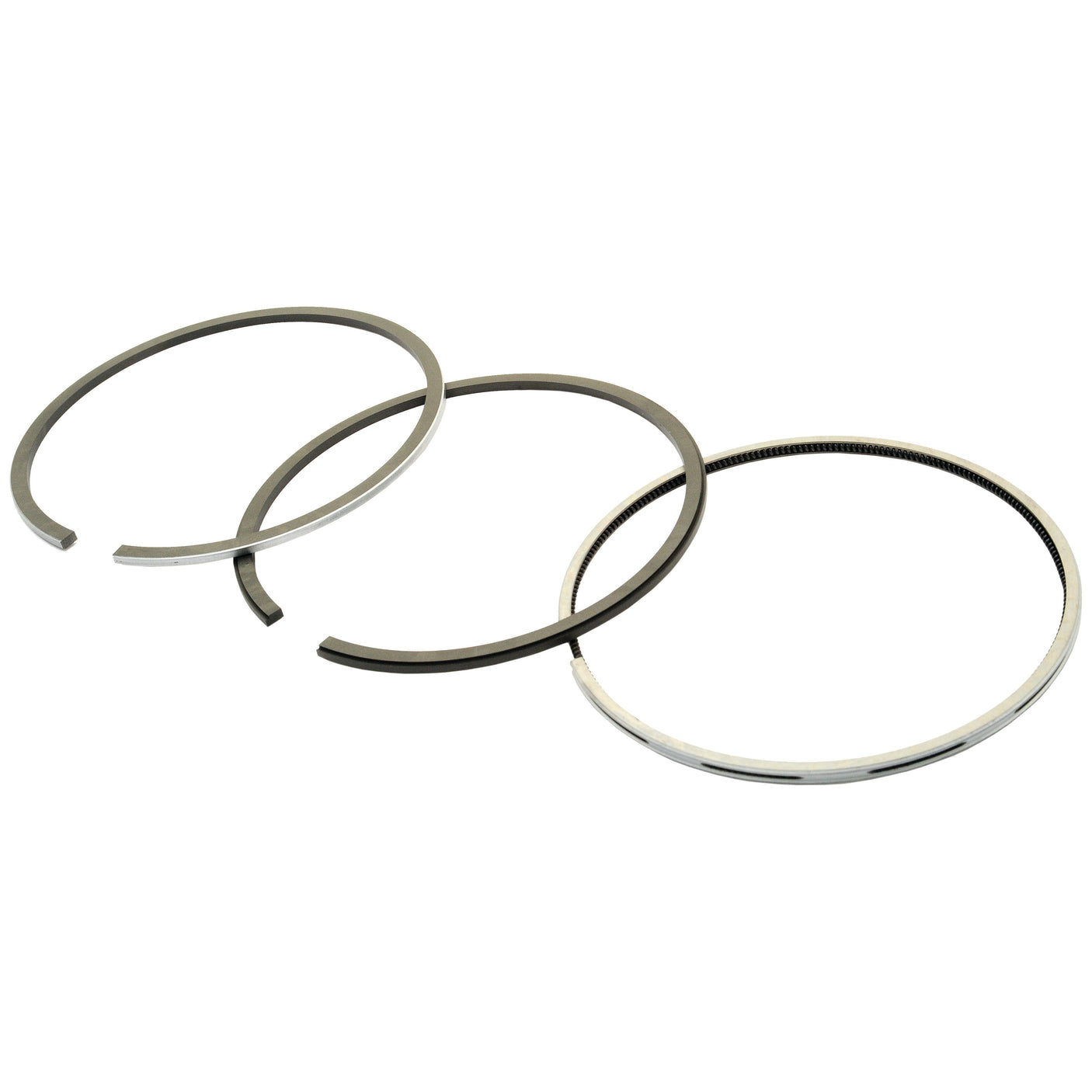 Three chrome-plated piston rings, each with slight variations in design and size, are arranged side by side. These Sparex Piston Rings (Sparex Part No. S.111804) are used for engines to provide a seal between the piston and the cylinder wall.