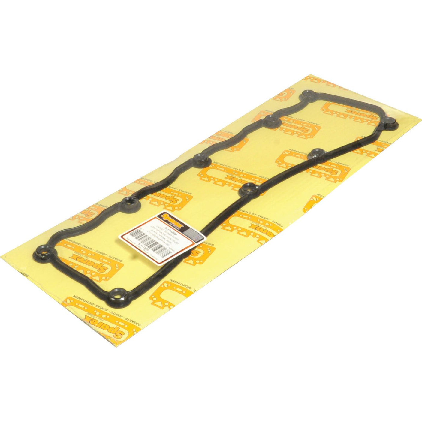 The Rocker Cover Gasket (Sparex Part No. S.111809) for a Perkins Engine, elegantly packaged on branded yellow and orange cardboard backing from Sparex, highlights its durability with superior-quality silicone material.