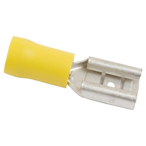 A Sparex Pre Insulated Spade Terminal, Standard Grip - Female, 9.5mm, Yellow (4.0 - 6.0mm), identified as S.11181, with a metal end for crimping onto a wire and capable of handling up to 24Amps.