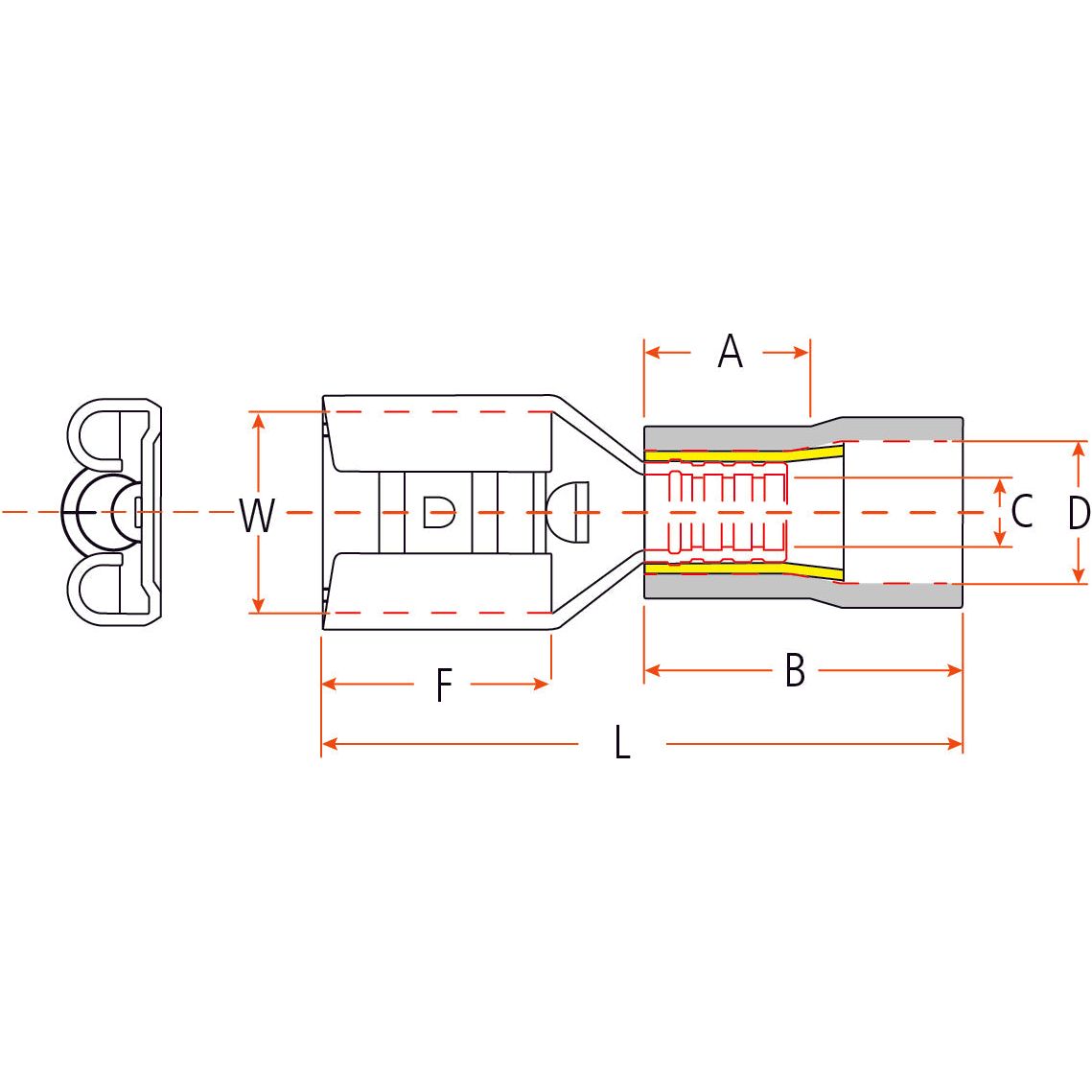 Technical drawing of the Pre Insulated Spade Terminal, Standard Grip - Female, 9.5mm, Yellow (4.0 - 6.0mm) - S.11181 by Sparex with labeled dimensions: A, B, C, D, W, F, and L. The component consists of two main parts connected in the center and operates at 24 Amps and 300V.