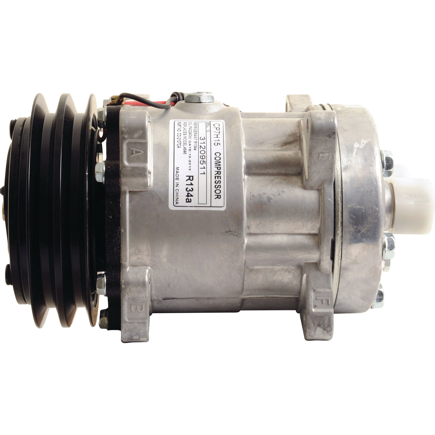 A Sparex Compressor (SD7H15) - S.111850 for automotive air conditioning, with a black pulley on the left side featuring a 132mm clutch diameter. The label specifies refrigerant type R134a and oil type R134a PAG, and it operates on 12V power.