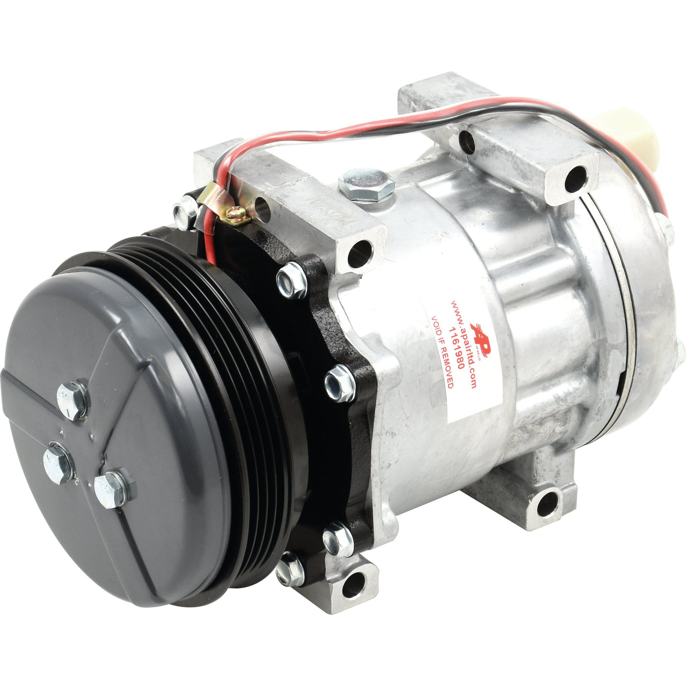 A Sparex Compressor (SD7H15) - S.111856 comes with a cylindrical metal unit, black pulley, and attached wiring, making it suitable for Case IH/International Harvester automotive air conditioning systems. It's compatible with an oil type of PAG 100 R134.