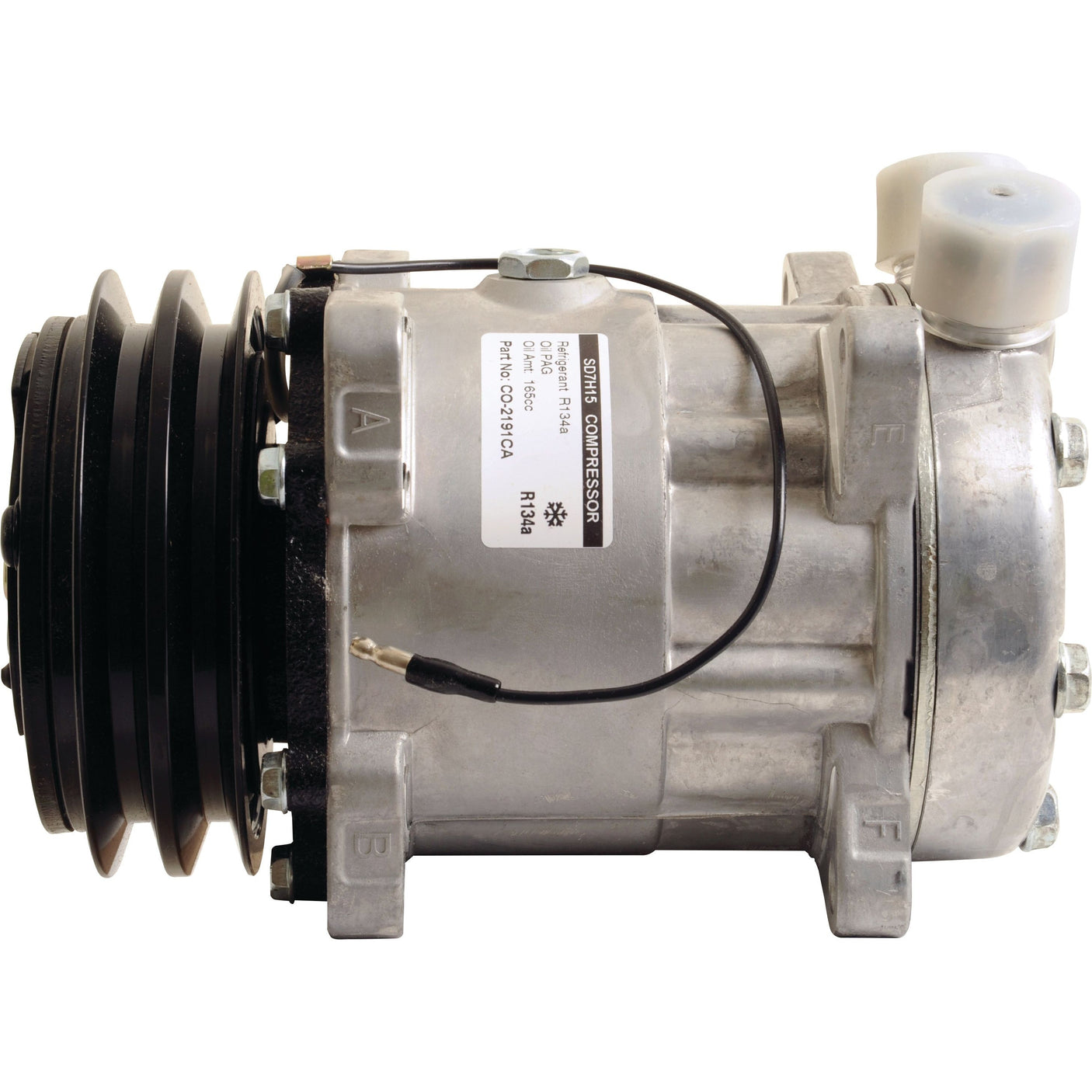 The Sparex Compressor (SD7H15HD) - S.111857 is a metallic automotive air conditioning compressor with a clutch Ø5'' and an oil type PAG 100 R134, featuring a belt pulley system on the left side.