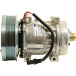 Side view of the Sparex Compressor (SD7H15HD) - S.111858, featuring attached wires, mounting brackets, and a visible belt pulley, labeled "R134a.