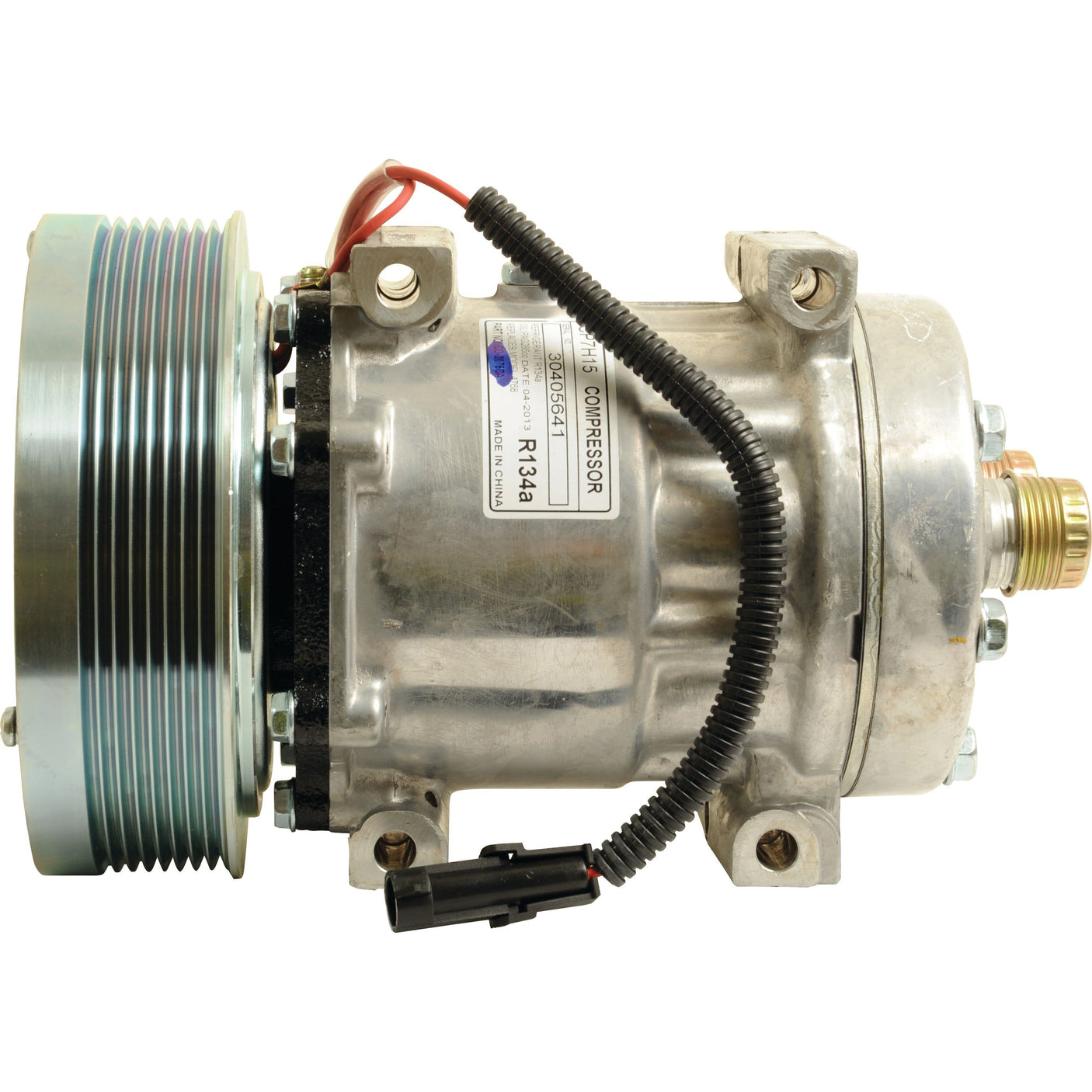 Side view of the Sparex Compressor (SD7H15HD) - S.111858, featuring attached wires, mounting brackets, and a visible belt pulley, labeled "R134a.