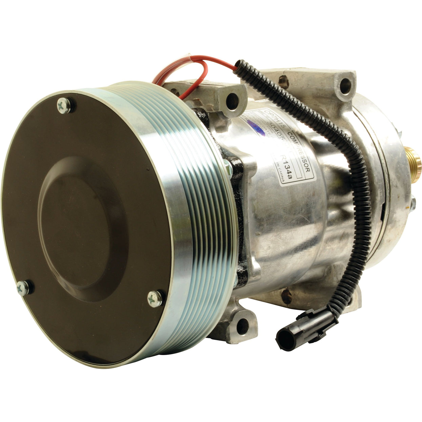 The Sparex Compressor (SD7H15HD) - S.111858 is a metallic, cylindrical automotive air conditioning compressor featuring a belt pulley and attached electrical wires, and it is compatible with various oil types.