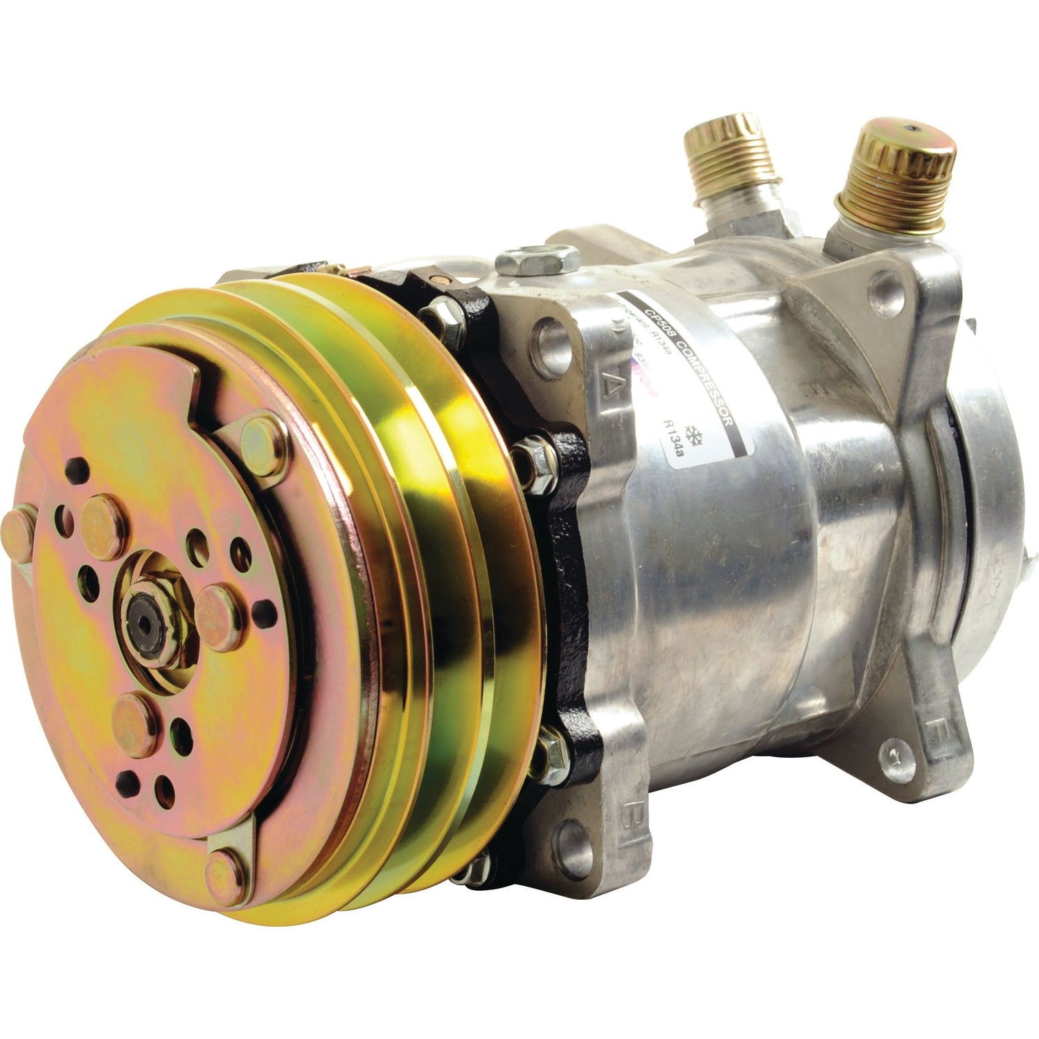 The Compressor (SD508) - S.111868 by Sparex, a metal unit with brass fittings and a shiny yellow front panel component, is designed for use in HVAC or automotive applications, featuring a specific compressor type and precise clutch diameter to ensure optimal performance.