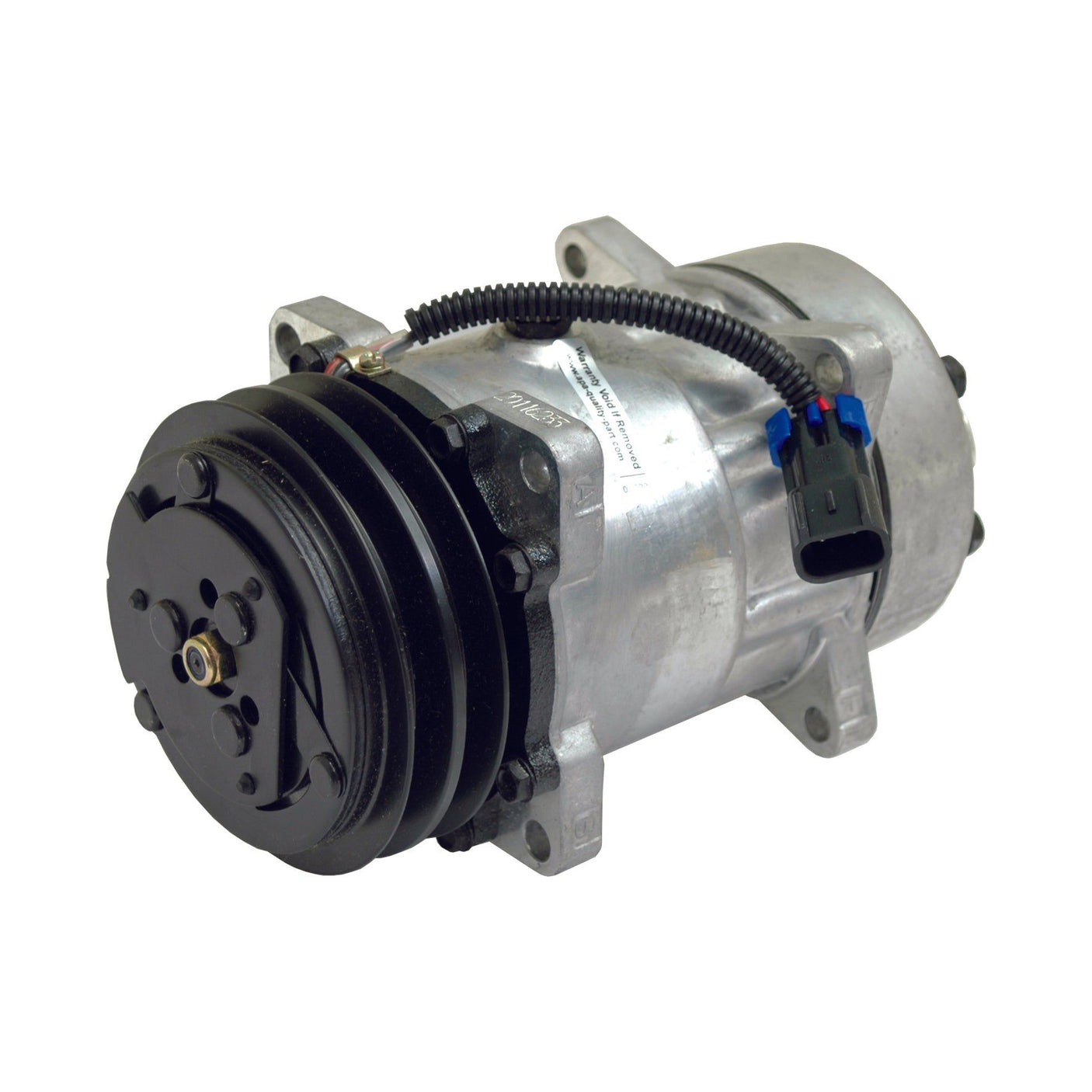 A silver cylindrical automotive air conditioning compressor, known as the Compressor (SD7H15) - S.111869 from Sparex, featuring black pulleys, a belt pulley, and an attached electrical connector.