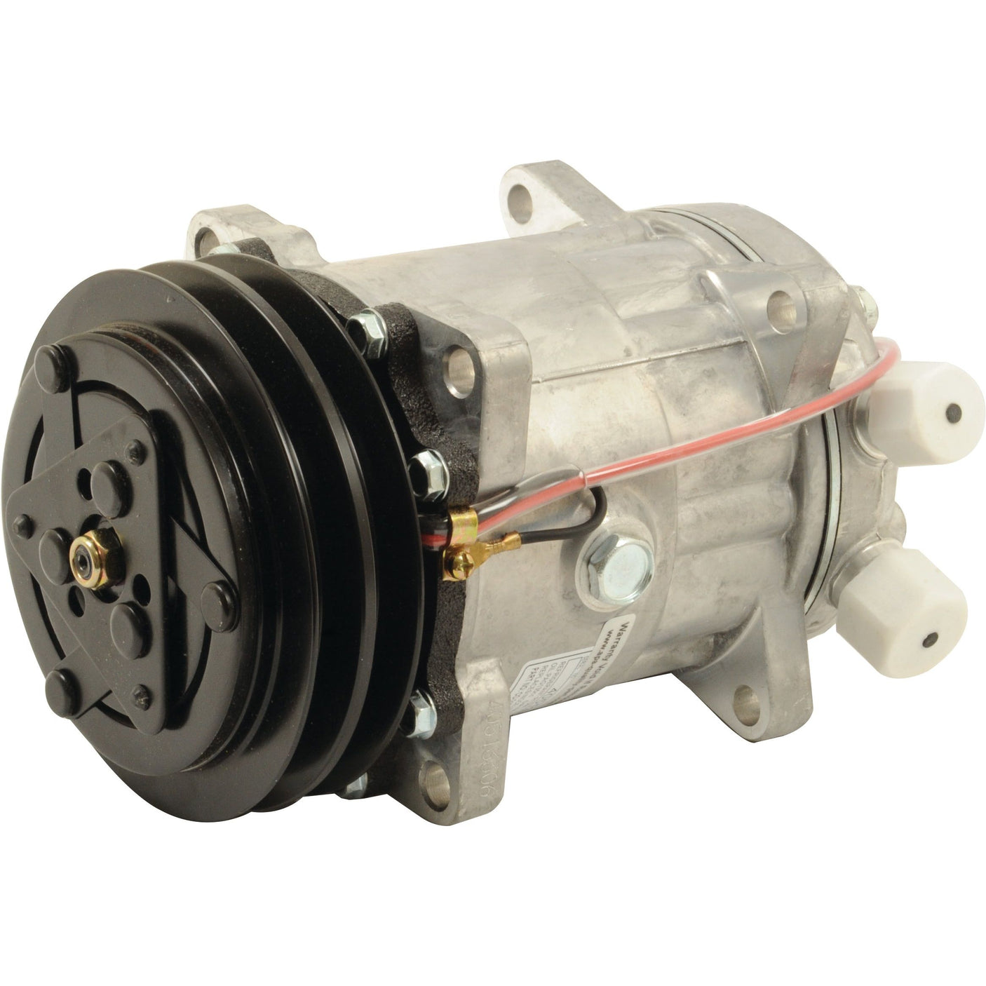 A compressor (Sanden SD7H15) - S.111871 by Sparex, featuring a cylindrical metal body, a black belt pulley, wires, and various bolts and connection points.