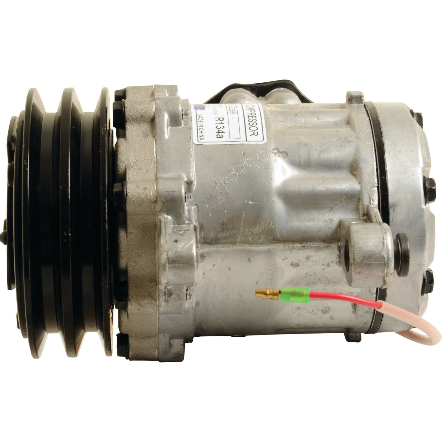 A Sparex Compressor (SD7B10), Part No.S.111875, finished in silver with a black pulley and various attached wires, viewed from the side against a white background.