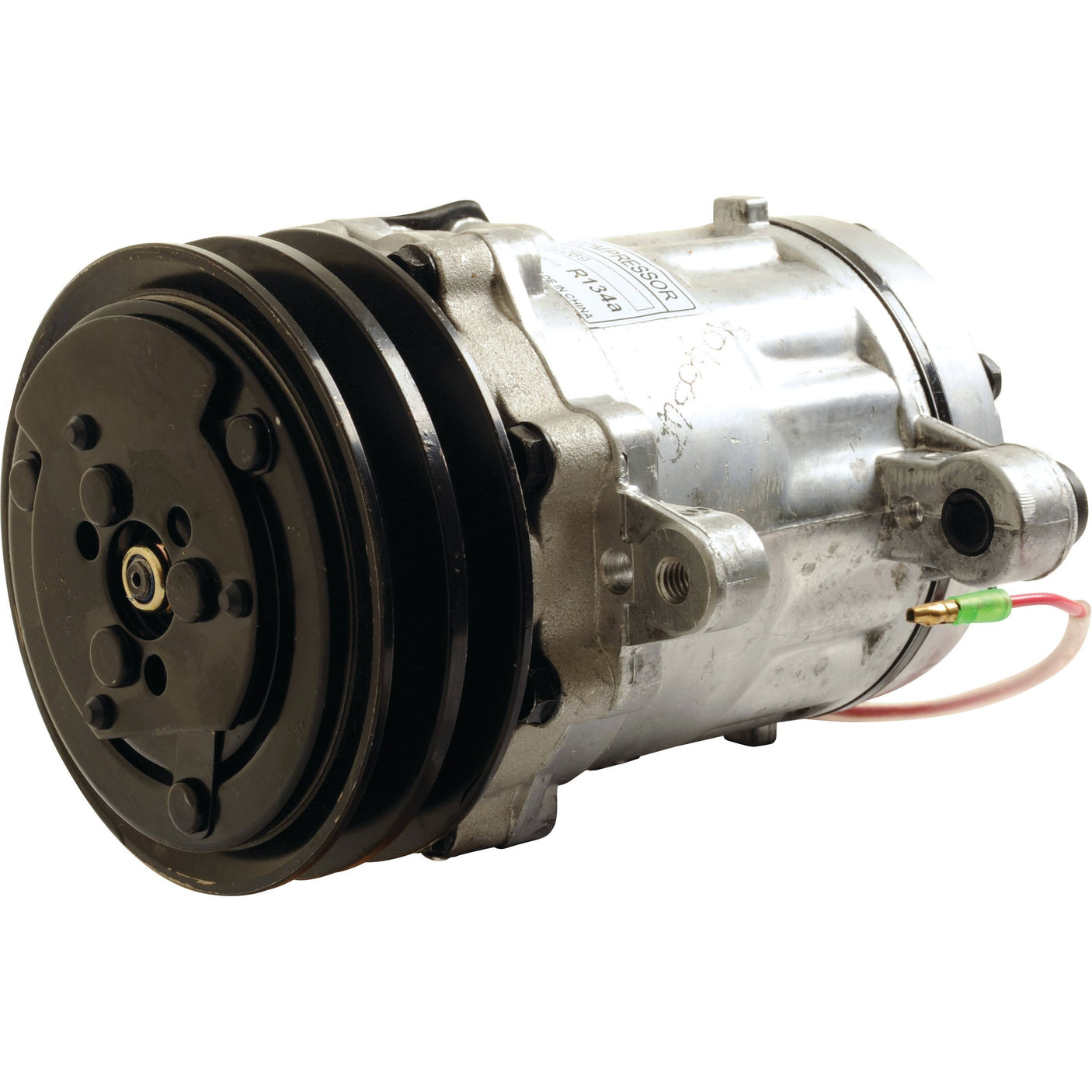 Image of a Sparex SD7B10 automotive air conditioning compressor (Part No. S.111875) made of metal, featuring a black pulley on one end and a connector with wiring on the side.