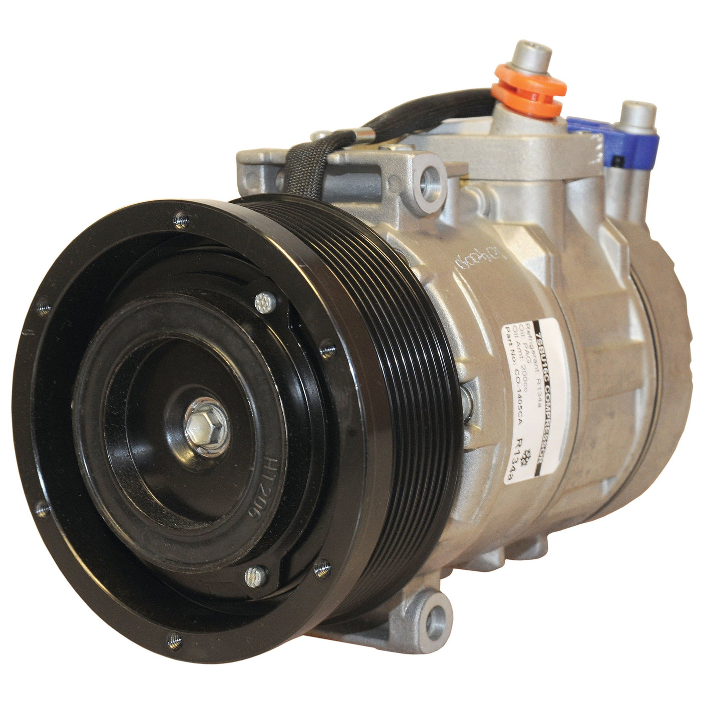 Image of the Sparex Compressor (7SBU16C) - S.111878, featuring a black serpentine belt pulley and multiple connectors, compatible with Claas and using PAG 46 oil type.