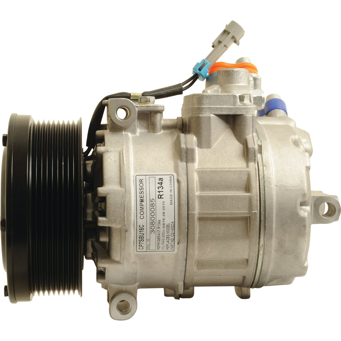 Image of the Sparex Compressor (7SBU16C) - S.111879, a metallic automotive air conditioning compressor unit with various connectors, a belt pulley width ideal for Claas JAGUAR equipment, and designed to operate at 12 volts.