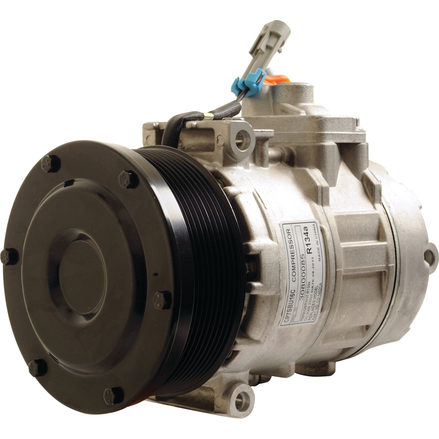 The Sparex Compressor (7SBU16C) - S.111879 is a metal automotive air conditioning compressor designed for 12V systems, featuring a belt pulley of specified width and various electrical connectors.