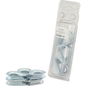 A Sparex Agripak containing six silver Wire Rope Thimbles (Wire Ø8mm x 50mm, Sparex Part No. S.11187) sits next to an unwrapped group of the same thimbles on a white background.