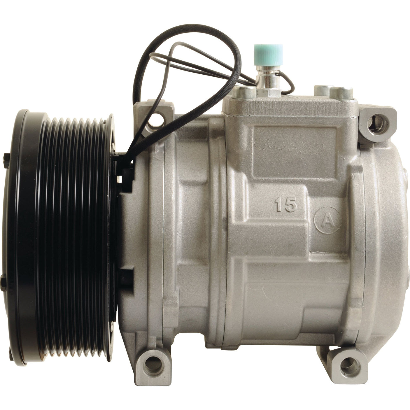 Side view of a metal automotive air conditioning compressor, Sparex Compressor (10PA15C) - S.111881, with a black pulley.