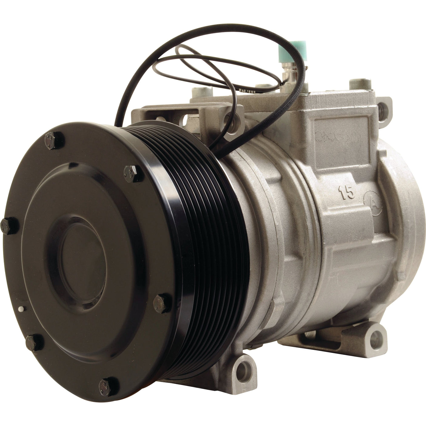 A Sparex Compressor (10PA15C) - S.111881, in silver and black, equipped with a pulley and electrical wiring for various refrigeration and air conditioning applications, features Oil Type PAG 46 for optimal performance.