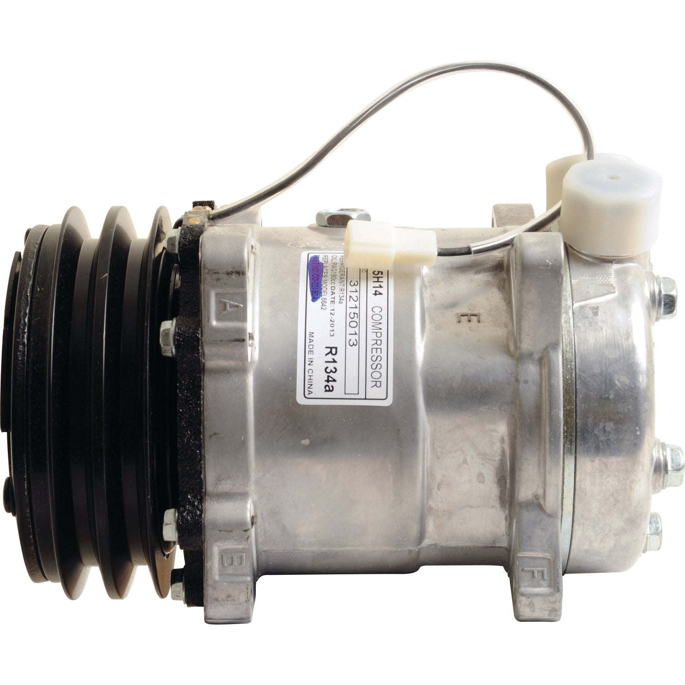 Presenting the Sparex Compressor (SD5H14HD) - S.111882, a robust metallic automotive air conditioning compressor designed for R134a refrigerant. It features a black pulley, attached wires, and mounting points. Compatible with PAG 100 R134 oil, it ensures optimal performance with its precisely engineered belt pulley width. Available through Sparex.