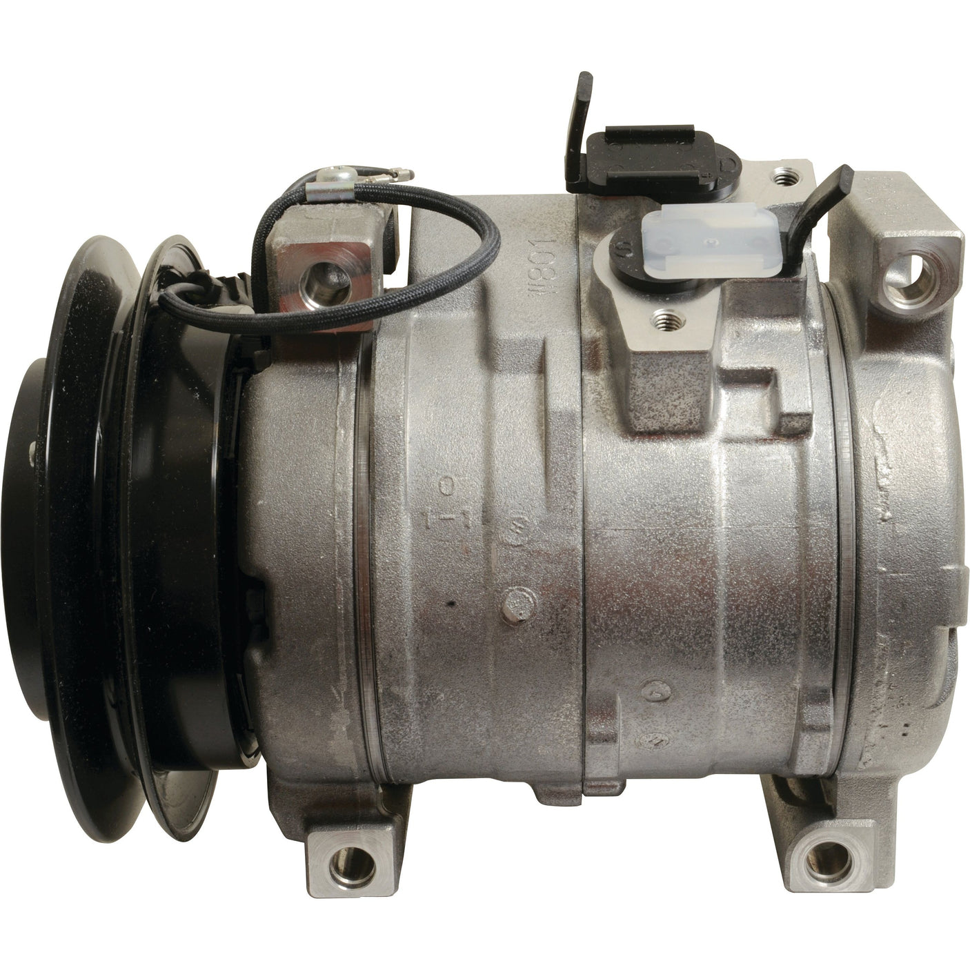 Image of a Sparex Compressor (10S15C) - S.111883, featuring metallic construction with belt pulleys and attached wires, viewed from the side.