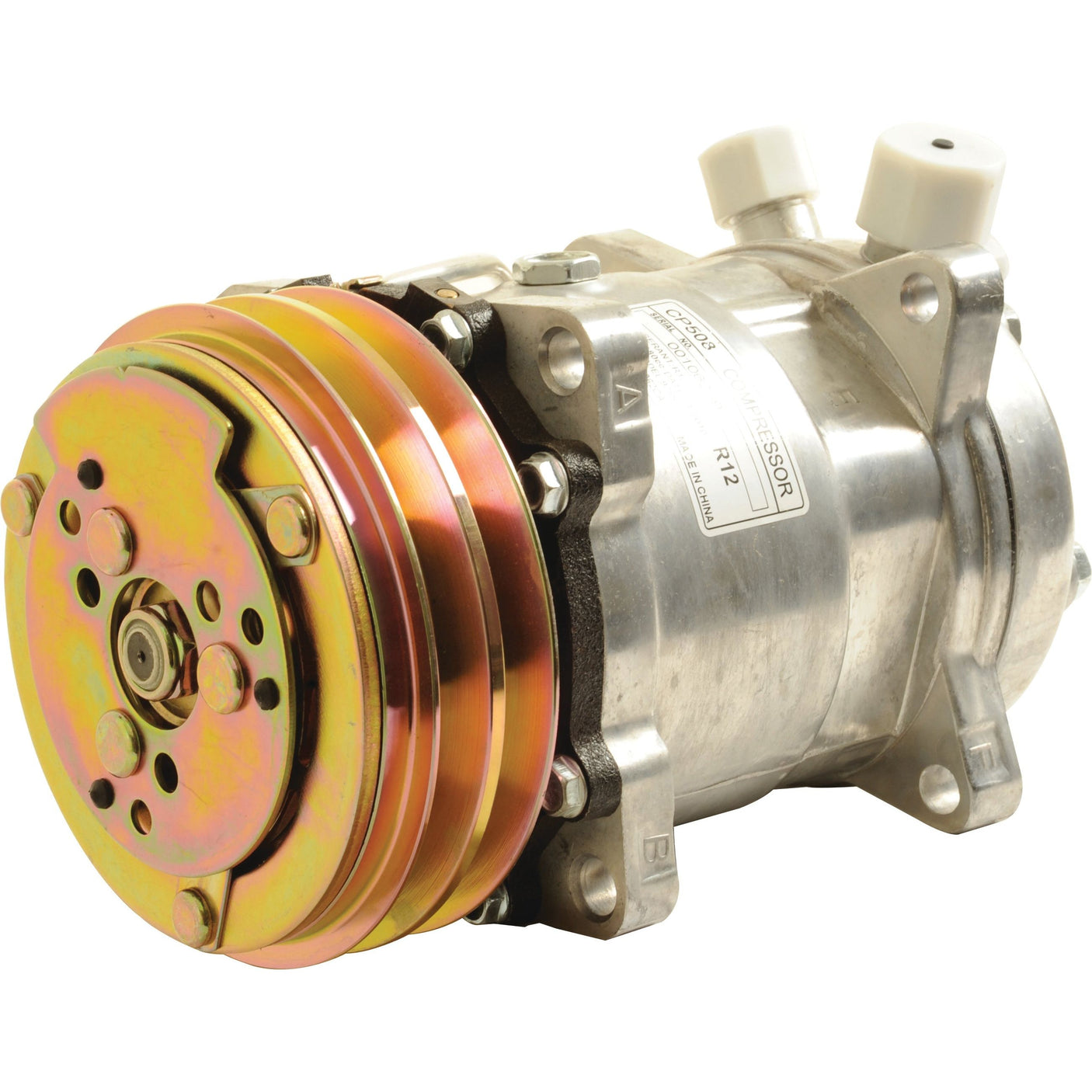 An automotive air conditioning compressor, model SD508 (S.111884) by Sparex, shows off its visible coils and metallic components, complete with a Massey Ferguson belt pulley, all set against a white background.