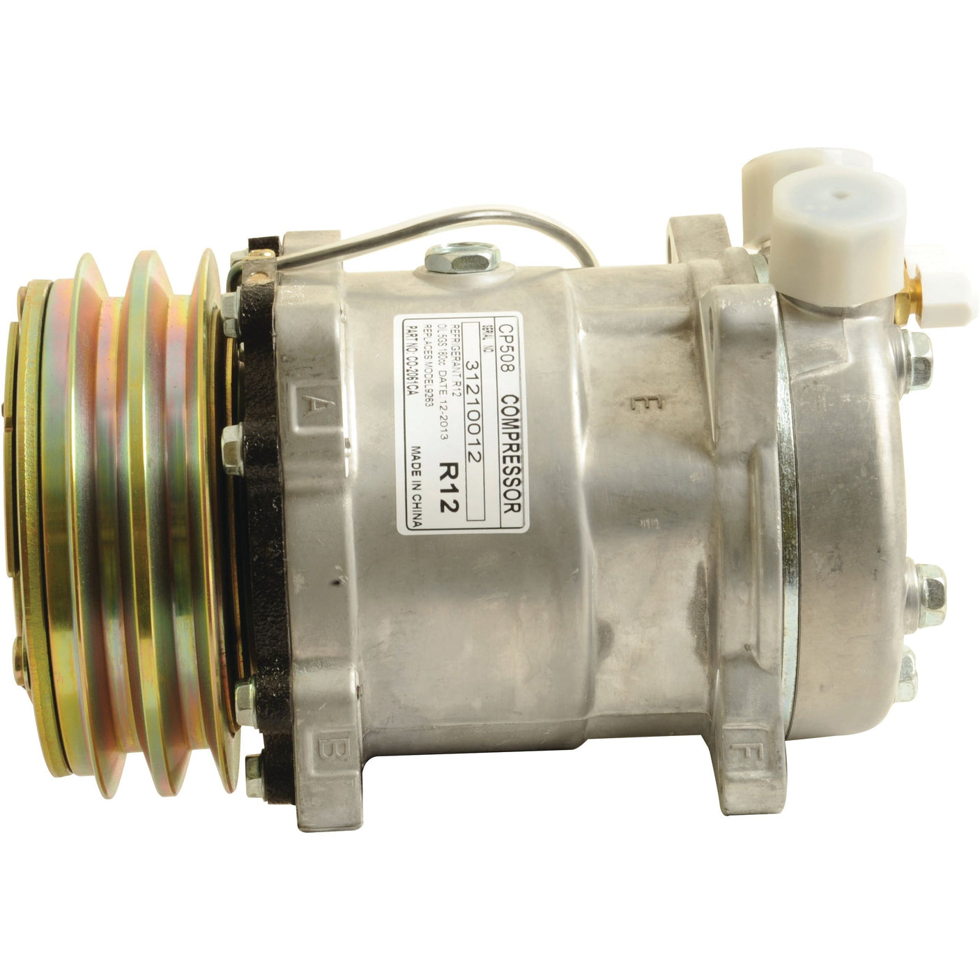 The Sparex Compressor (SD508), also known as Sparex Part No.S.111886, is a metal automotive air conditioning compressor that features a pulley and exterior bolts, designed for R12 refrigerant use.