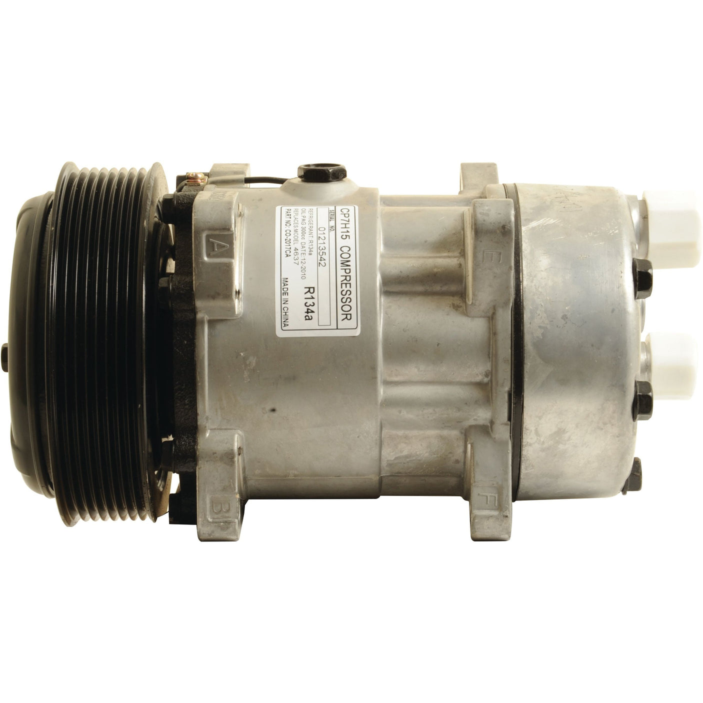 A cylindrical metal automotive air conditioning compressor, known as the Sparex Compressor (SD7H15) - S.111888, featuring a ribbed black pulley with a specified belt pulley width on one end and two white capped ports on the other.