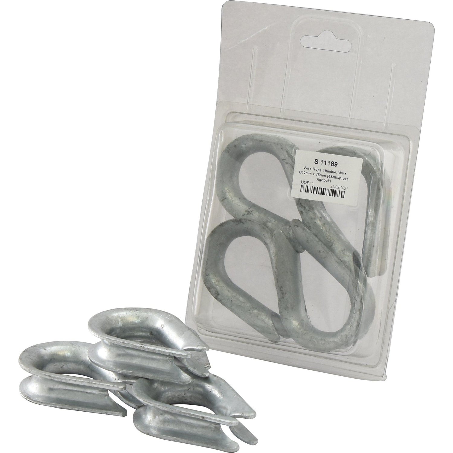 A package of four Wire Rope Thimbles, each measuring Ø12mm x 76mm, with two thimbles visibly placed outside the clear plastic packaging. The packaging is labeled with the product details and includes a Sparex Wire Ø12mm tag for easy identification.